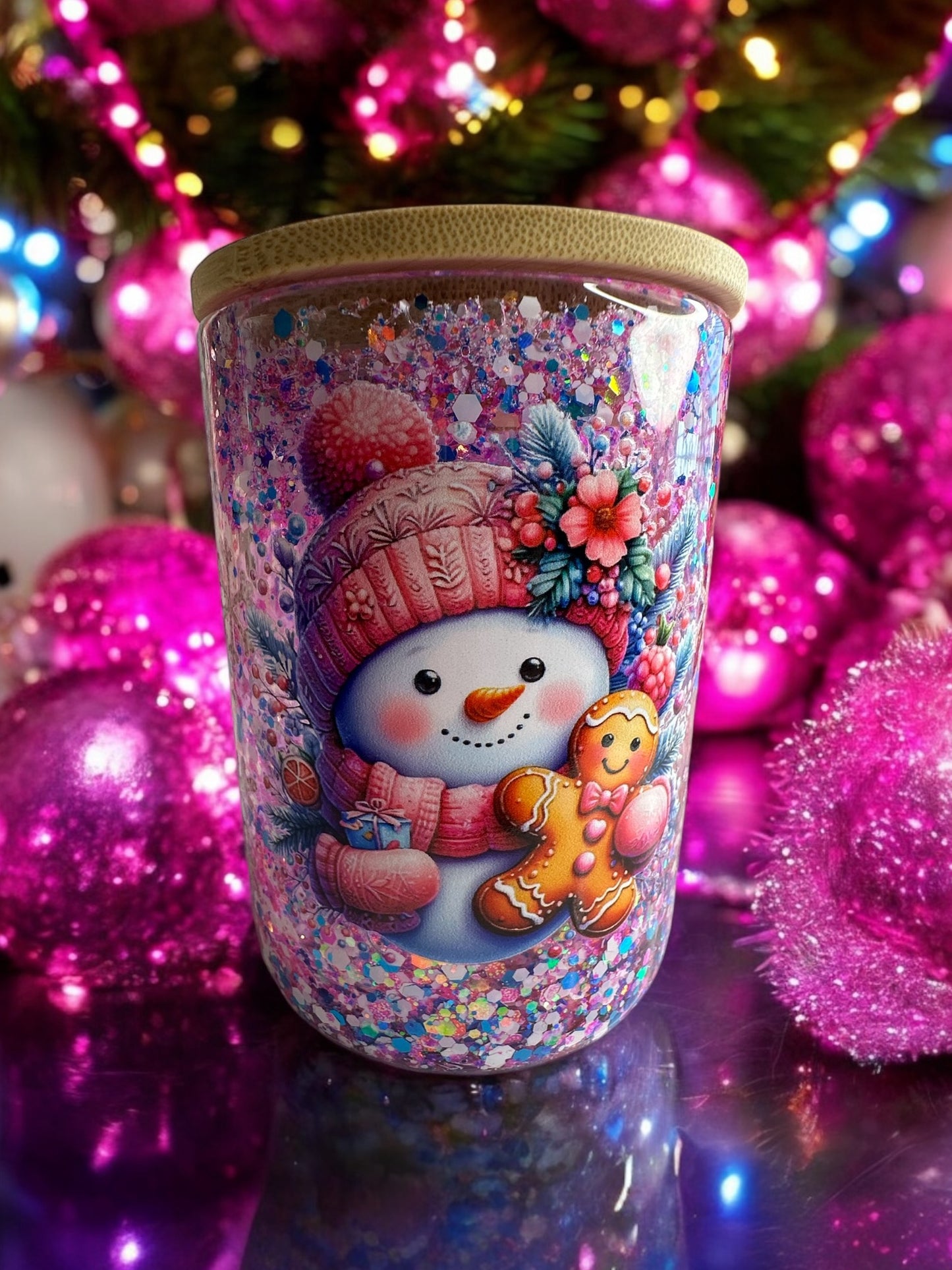 Pink Snowman 16oz Glass Tumbler Mug